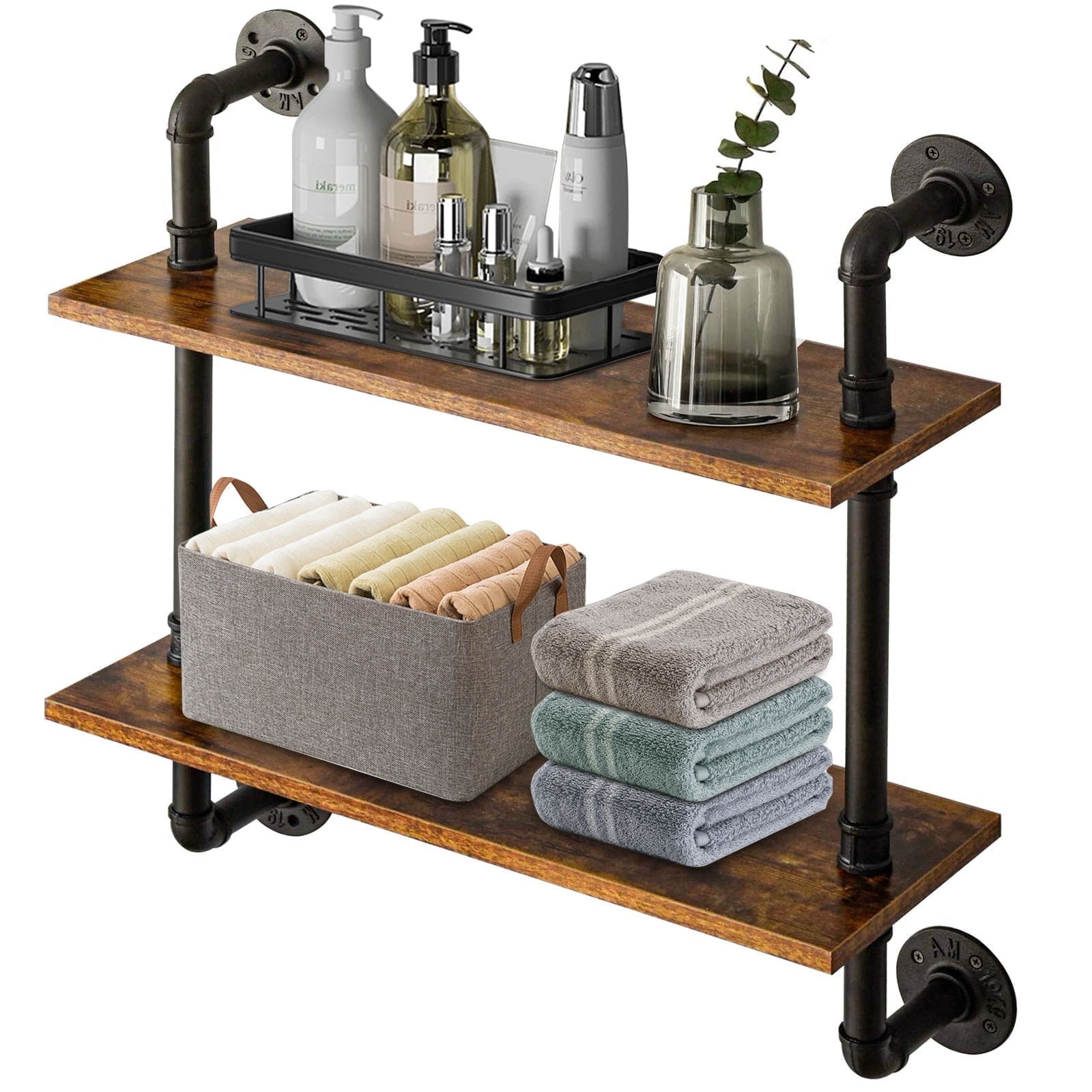 CoPedvic Industrial Pipe Shelves Wall Mount, 2-Tier Wood Floating Shelves for Wall Bathroom Kitchen Bedroom