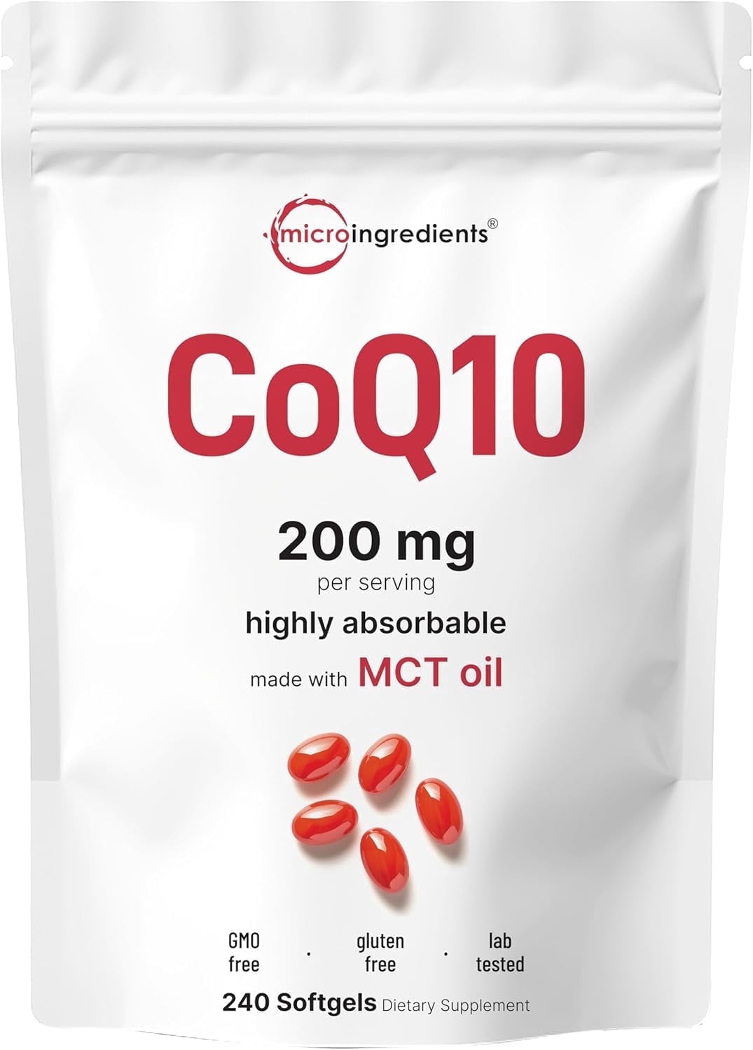 Micro Ingredients CoQ10 200mg Per Serving, 240 Coconut MCT Oil Softgels | Antioxidant Support for Heart & Energy Health | Non-GMO