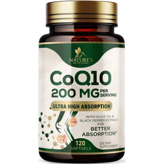 CoQ10 200mg Softgels, Extra Strength Coenzyme Q10 Supplement With Black Pepper Extract for Enhanced Absorption, CoQ10 Antioxidant Supplements for Heart Health & Cellular Energy Support - 120 Softgels