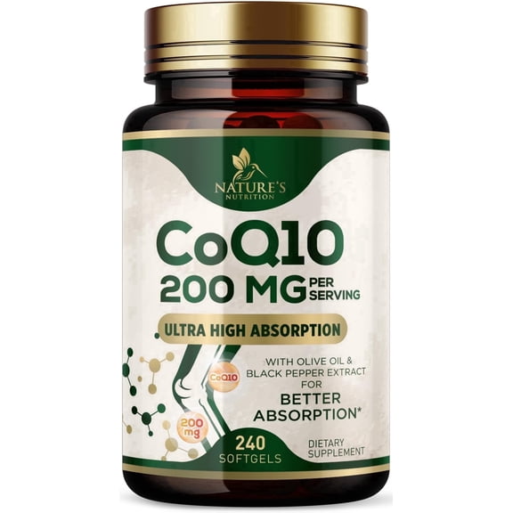 CoQ10 200mg Softgels, Extra Strength Coenzyme Q10 Supplement With Black Pepper Extract for Enhanced Absorption, CoQ10 Antioxidant Supplements for Heart Health & Cellular Energy Support - 240 Softgels