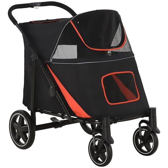 CoSoTower 1-Click Foldable Doggy Stroller for Medium Large Dogs, Pet Stroller with Storage, Smooth Ride with Shock Absorption, Mesh Window, Safety Leash, Big Dog Walking Stroller, Black