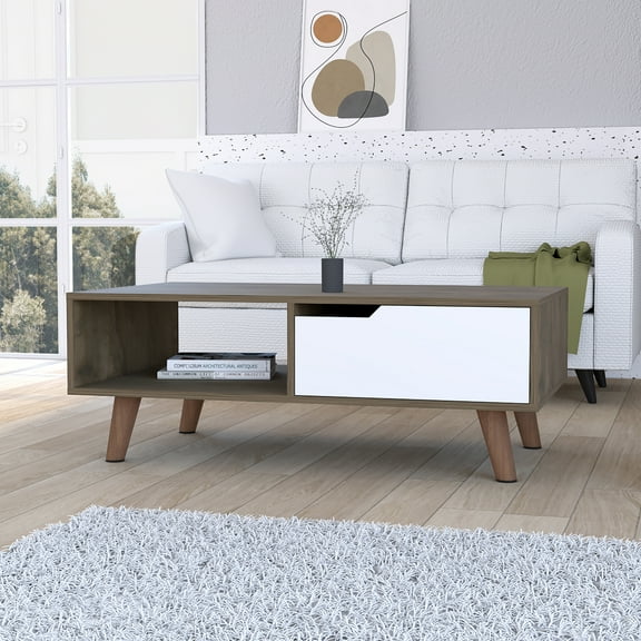 CoSoTower 1-Drawer 1-Shelf Rectangle Coffee Table Dark Brown and White