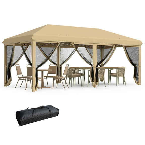 CoSoTower 10' X 20' Pop Up Canopy Tent with Netting, Heavy Duty Instant Sun Shelter, Large Tents for Parties with Carry Bag for Outdoor, Garden, Patio, Beige