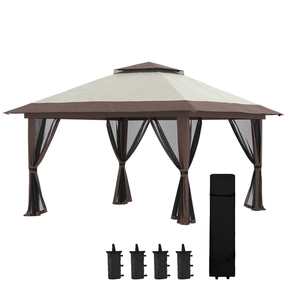 CoSoTower 13' X 13' Pop Up Gazebo with Netting, Instant Canopy Tent Shelter with 2-Tier Roof, Wheeled Carry Bag, Water/Sand Bags for Outdoor, Garden, Parties, Beige