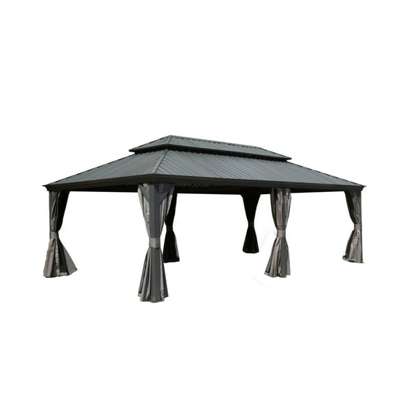 CoSoTower 14X22Ft Hardtop Gazebo, Outdoor Gazebo with Galvanized Steel Double Roof, Aluminum Frame, Built-In Gutter System, Curtain and Netting, Metal Gazebo Pavilion for Patio Deck Garden, Grey