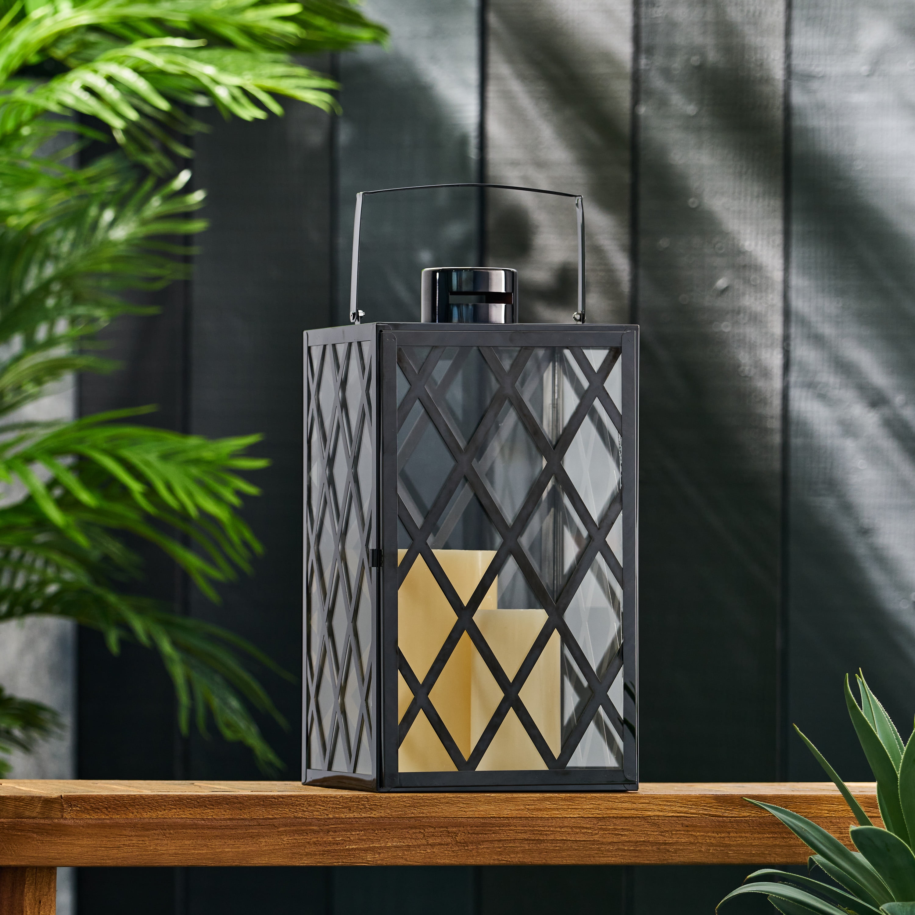 Black Hexagonal Stainless Steel and Glass Outdoor Lantern