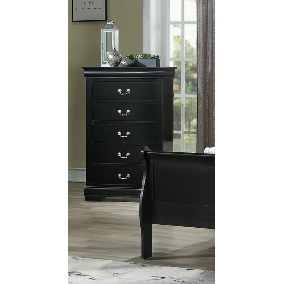 CoSoTower 1pc Black Finish Five Drawers Louis Philip Chest Solid Wood Contemporary Sleek Ample Storage