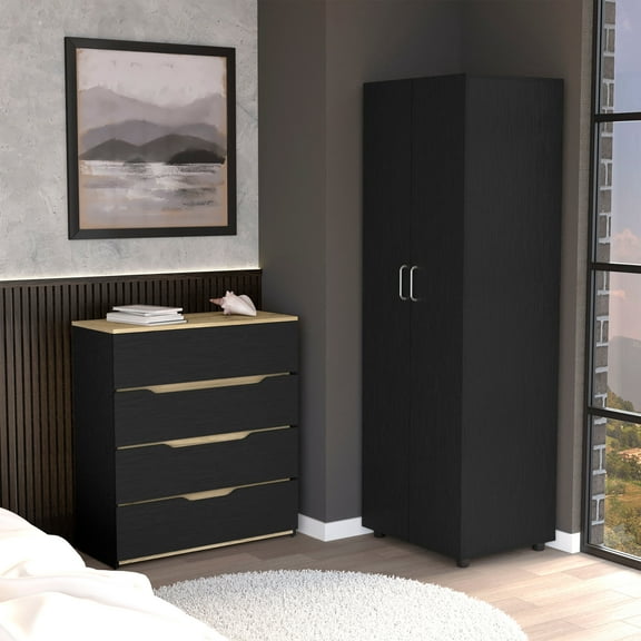 CoSoTower 2 Piece Bedroom Set, London Armoire + Aralia Drawer Dresser, Black / Light Oak