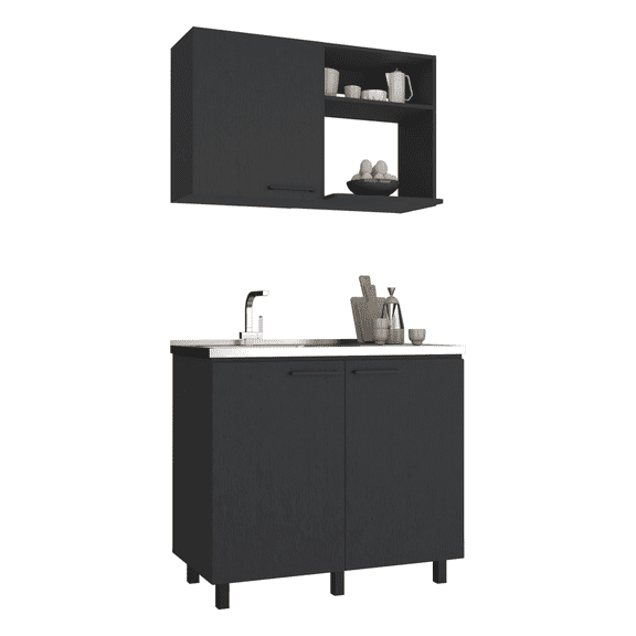 CoSoTower 2 Piece Kitchen Set, Wall Cabinet + Utility Sink, Black