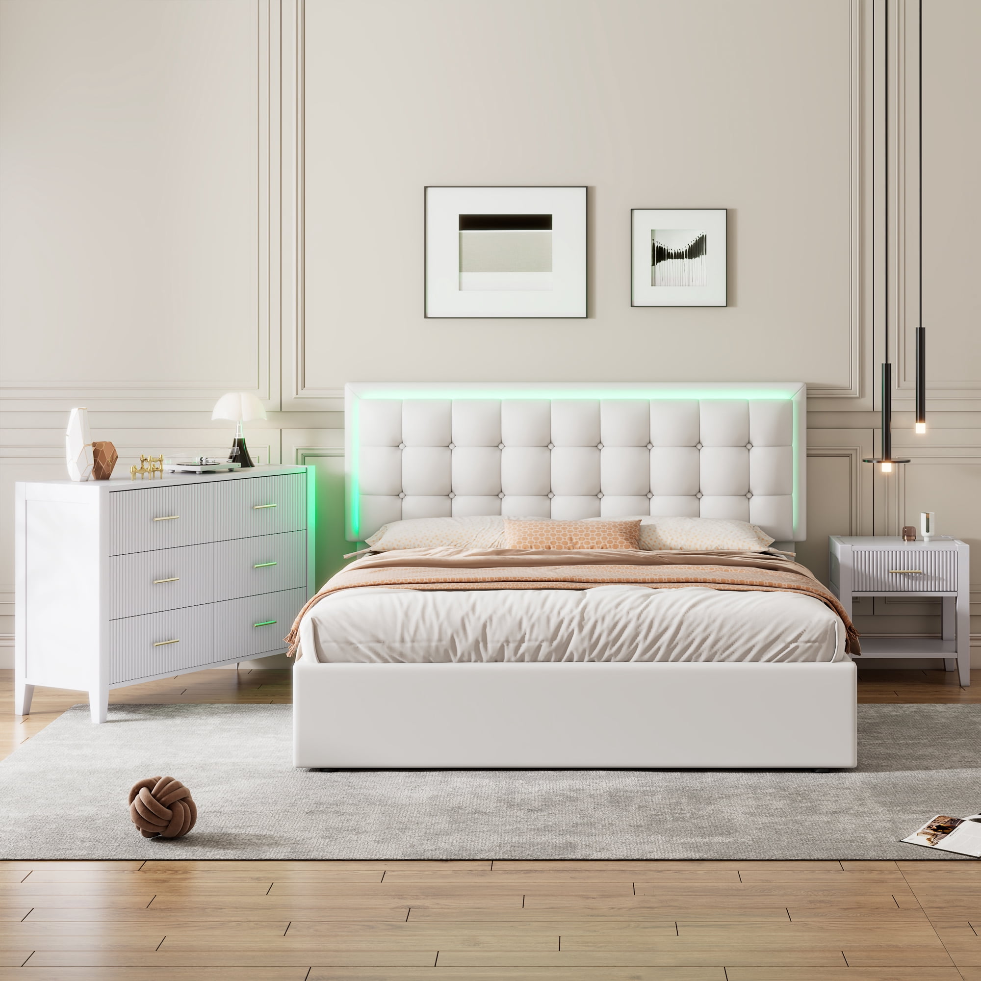 4-Pieces Bedroom Sets, Queen Size Farmhouse Platform Bed with Wooden Strip Stickers Decoration, Storage Nightstand and Dresser with Metal Handle, White(Old SKU: HL000191AAK)
