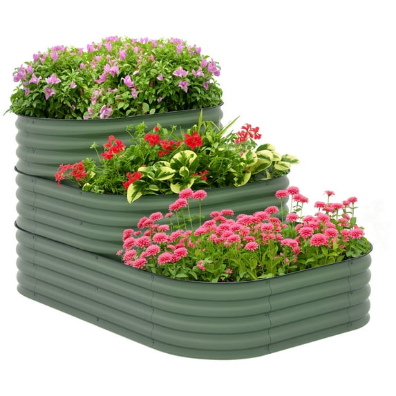 CoSoTower 3-Tier Galvanized Steel Raised Garden Bed Kit, 62.25" X 43" X 32.25", 3 Combining Planter Boxes with Rubber Strip Edging, Open Bottom for Backyard, Garden, Patio, Green