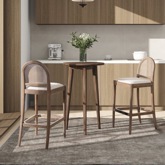 CoSoTower 30.5" Curved Back Cane Rattan Bar Stool, Set of 2, Ivory White Boucle