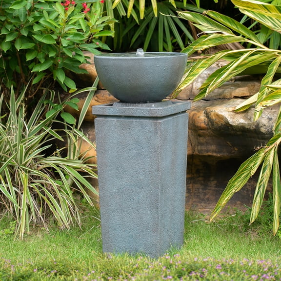 CoSoTower 35.5" Polyresin Gray Zen Bowl Water Fountain, Outdoor Bird Feeder /Bath Fountains, Relaxing Water Feature for Garden Lawn Backyard Porch