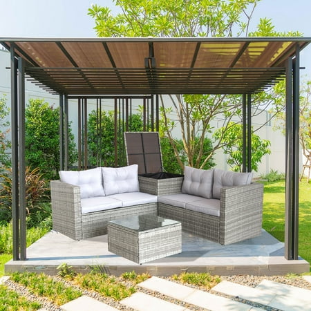 CoSoTower 4 Piece Patio Sectional Wicker Rattan Outdoor Furniture Sofa Set with Storage Box Grey