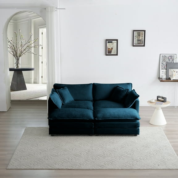 CoSoTower 4 - Piece Upholstered Sectional Sofa, 1 - Piece of 2 Seater Sofa and 2- Piece of Ottomans , 2 Seater Loveseat Lounge with Ottomans , Blue Chenille