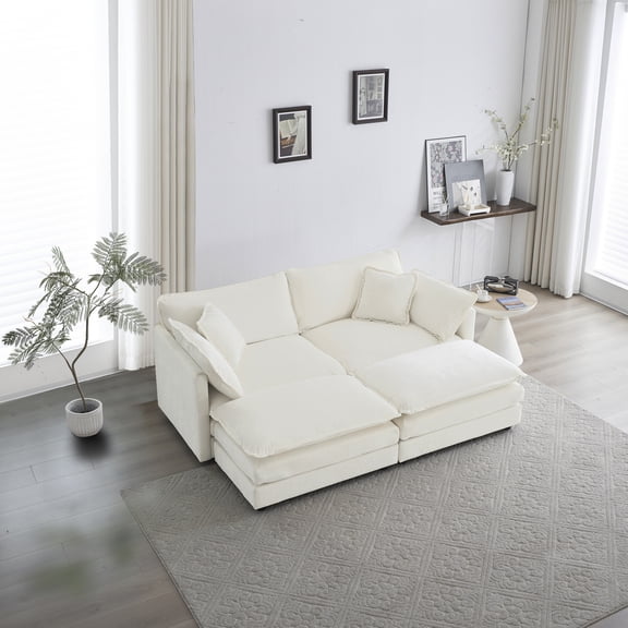 CoSoTower 4 - Piece Upholstered Sectional Sofa, 1 - Piece of 2 Seater Sofa and 2- Piece of Ottomans , 2 Seater Loveseat Lounge with Ottomans , White Chenille