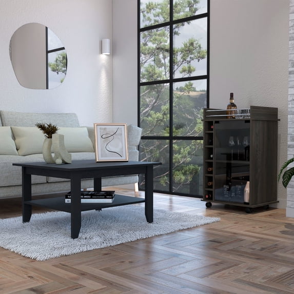 CoSoTower 4-Shelf 2-Piece Living Room Set, Coffee Table and Bar Cabinet Black and Espresso