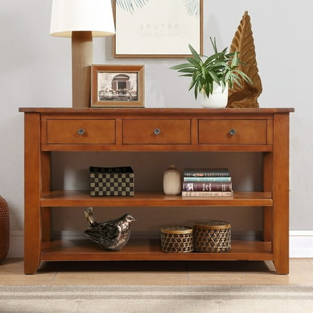 CoSoTower 48'' Solid Pine Wood Top Console Table, Modern Entryway Sofa Side Table with 3 Storage Drawers and 2 Shelves. Easy To Assemble, Brown