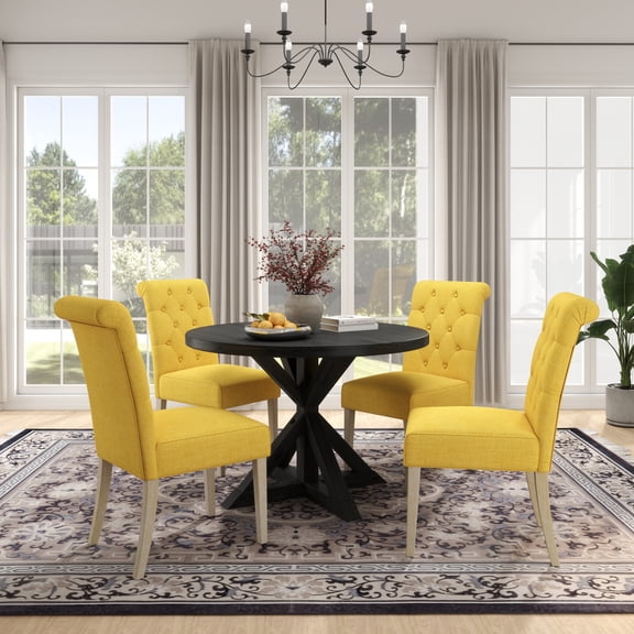 CoSoTower 5-Piece Dining Set, Cross-Buck Round Table with 4 Tufted Chairs