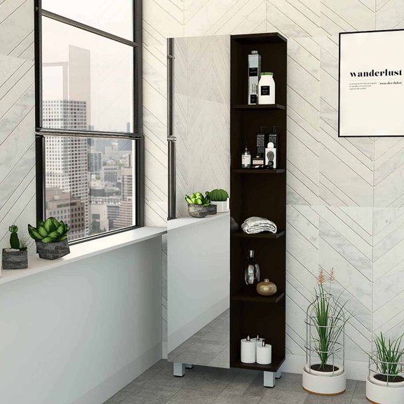 CoSoTower 5-Shelf Linen Cabinet with Mirror Black Wengue