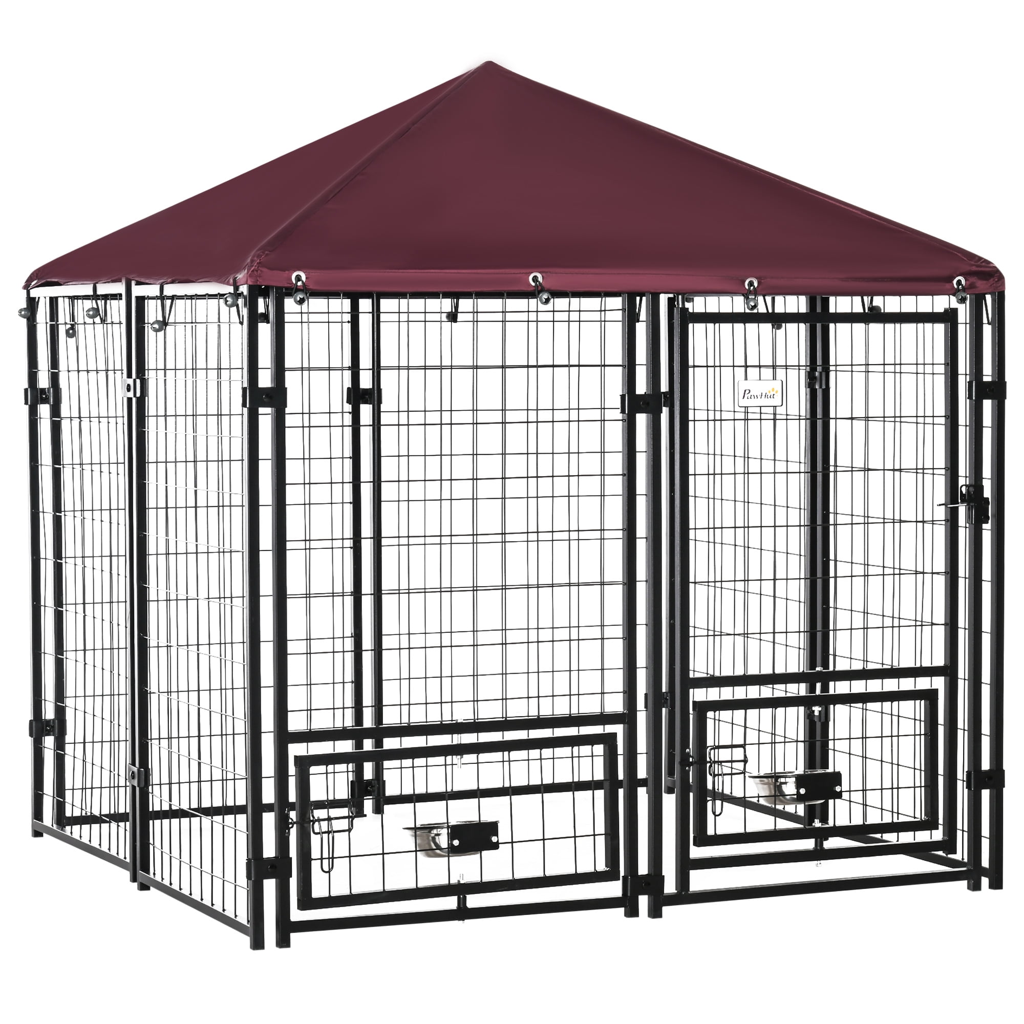 CoSoTower 5' X 5' X 5' Dog Kennel Outdoor with Rotating Bowl Holders, Walk-In Pet Playpen, Welded Wire Steel Dog Fence with Water-And Uv-Resistant Canopy, Black and Red