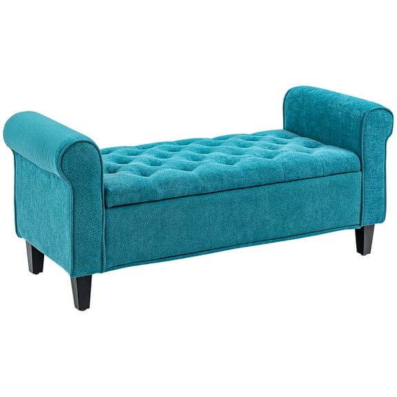 CoSoTower 50" Storage Ottoman Bench, Upholstered End of Bed Bench with Rolled Arms, Wood Legs, Button Tufted Storage Bench with Safety Hinges for Living Room, Entryway, Bedroom, Teal