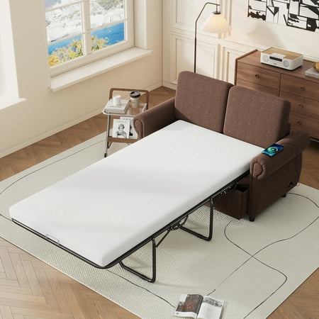CoSoTower 57.9" Orisfur Pull Out Sofa Bed Loveseat Sleeper with Twin Size Memory Mattress with Two USB Ports for Living Room Spaces, Brown