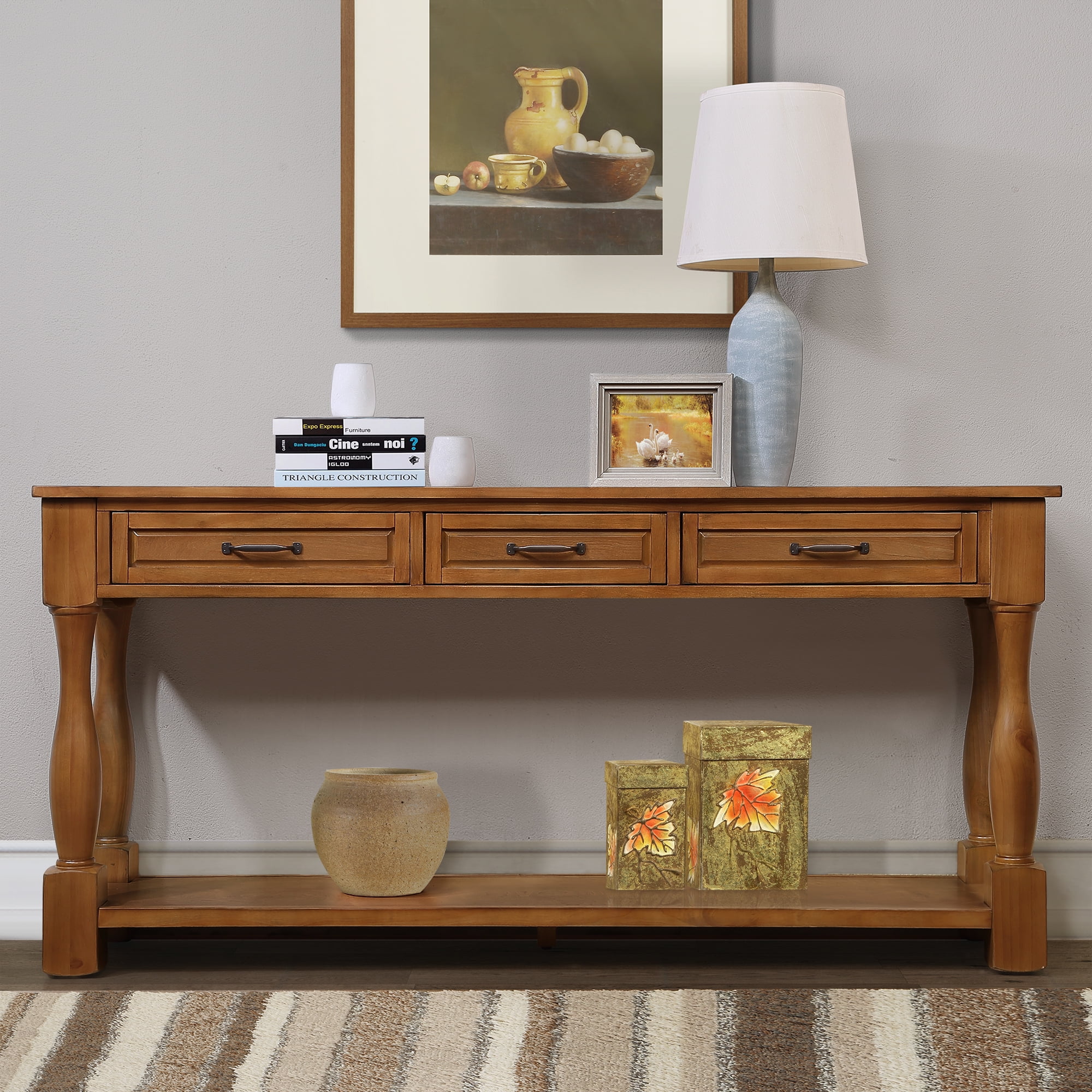 63 Inch Vintage Console Table, Narrow Entryway Table with Open Shelf for Living Room, Light Brown