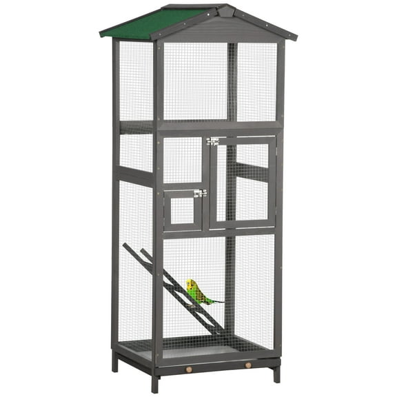 CoSoTower 65" Wooden Bird Cage Outdoor Aviary House for Parrot, Parakeet, with Pull Out Tray and 2 Doors, Grey