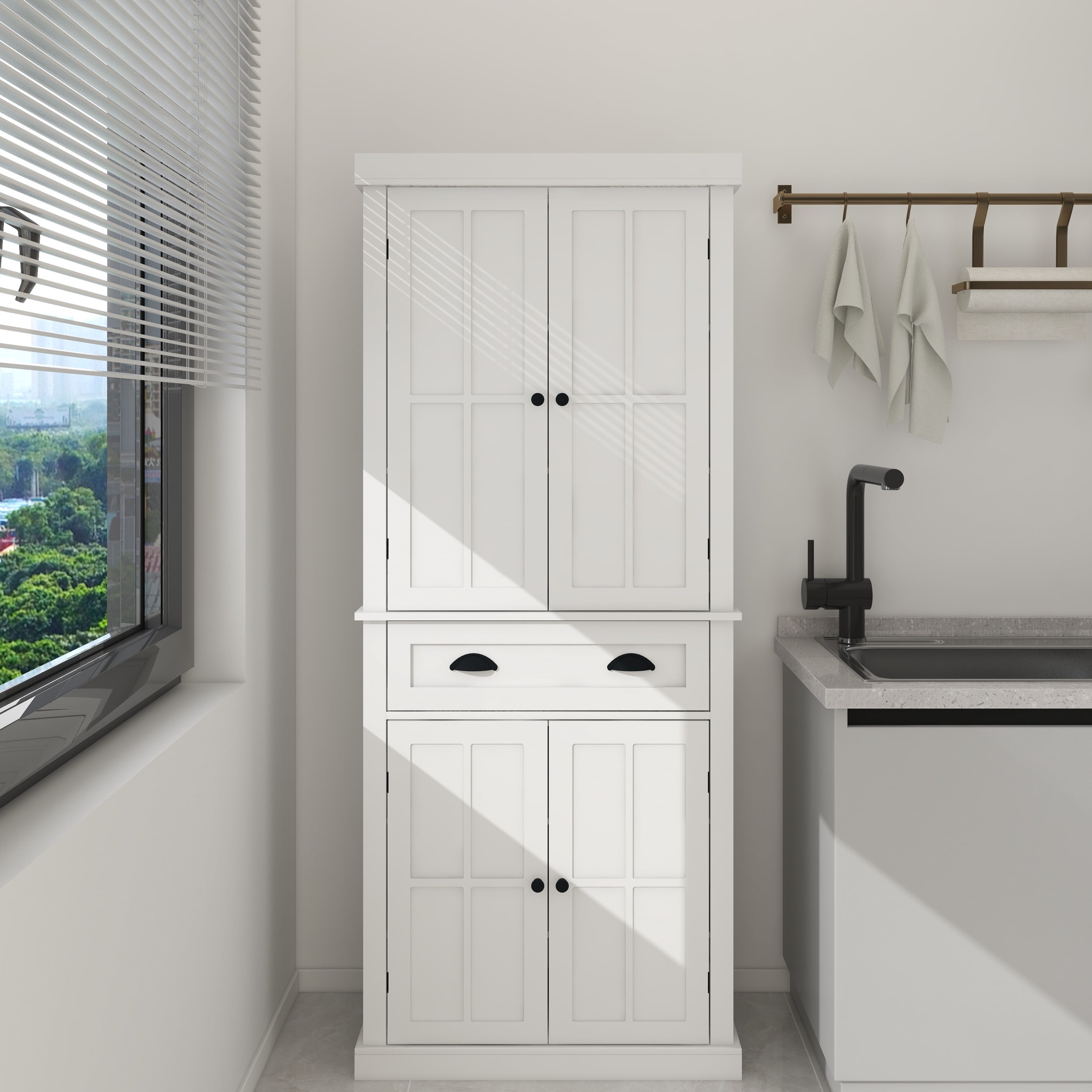 CoSoTower 71" Kitchen Pantry Storage Cabinet , with 4 Doors, Drawer, 2 Adjustable Shelves, Freestanding Cupboard for Dining Room Living Room, Laundry-White