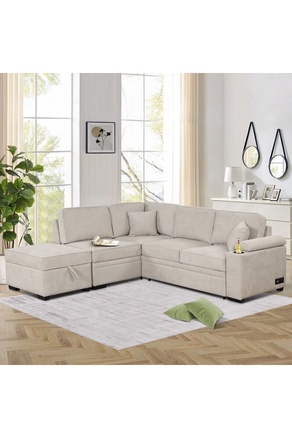 87.4" Sleeper Sofa Bed,2 in 1 Pull Out Sofa Bed L Shape Couch with Storage Ottoman for Living Room,Bedroom Couch and Small Apartment, Beige