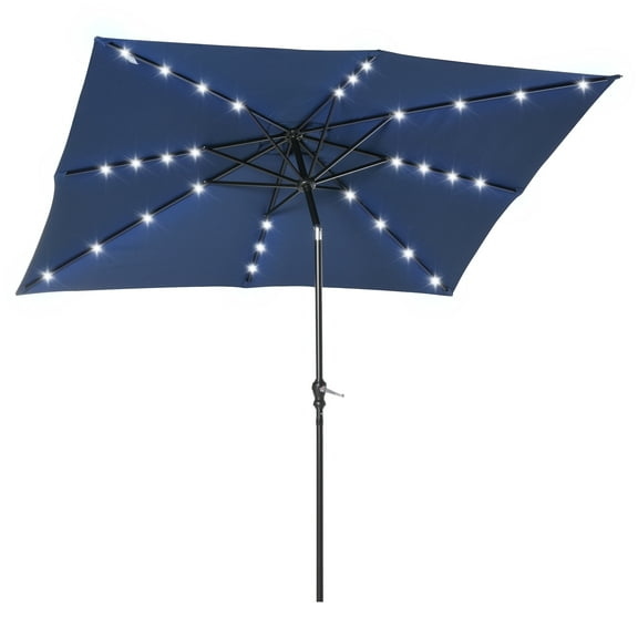 CoSoTower 9' X 7' Solar Umbrella, LED Lighted Patio Umbrella for Table Or Base with Tilt & Crank, Outdoor Umbrella for Garden, Deck, Backyard, Pool, Beach, Blue