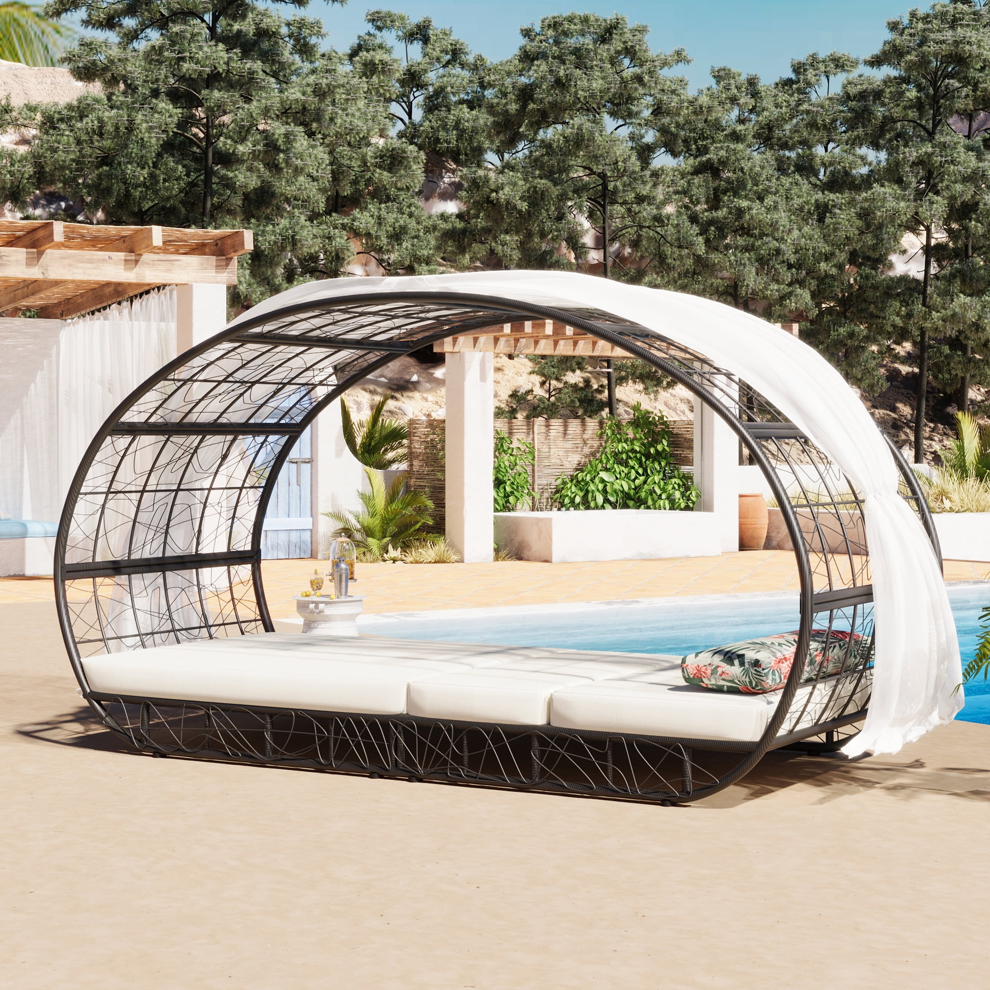 Devoko Patio Daybed Set – Outdoor Rattan Lounge Bed With 2 Side Tables (Navy Blue)