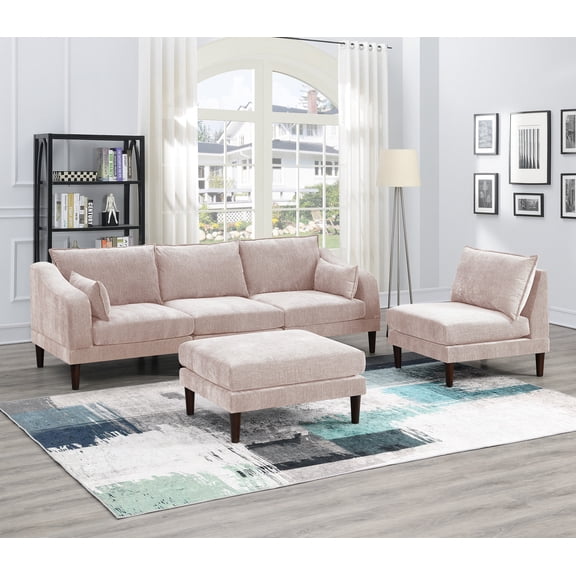 CoSoTower Beautiful 5pcs Modular Sectional Set 2X One Arm Chairs 2X Armless Chair 1X Ottoman Living Room Furniture Blush Pink Morgan Fabric