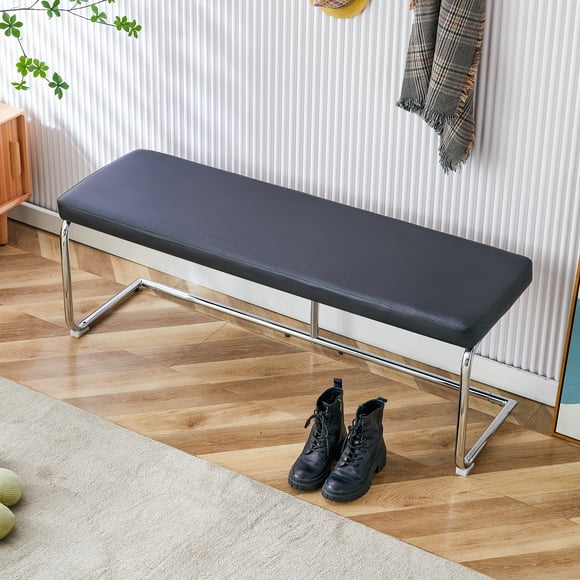 CoSoTower Black Leather Bench, Silver Metal Legs, Shoe Changing Bench Sofa Bench Dining Chair, Suitable for Bedroom Fitting Room, Storage Room, Dining Room, and Living Room. St-005