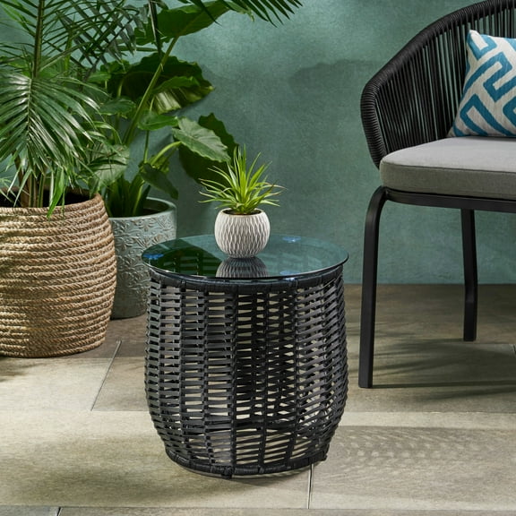 CoSoTower Boho Rattan Side Table - 15.5" Width Outdoor Patio Table with Tempered Glass Top & Iron Frame, Weather-Resistant Drum Accent Table for Deck or Garden