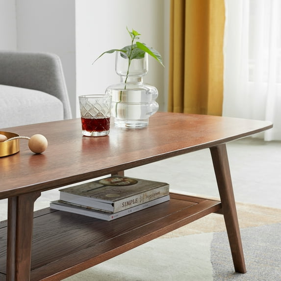 CoSoTower Center Table Low Table 100% Solid Oak Wood Top Plate Desk Coffee Table Width 100 X Depth 50 X Height 44 Cm Study Desk Work From Home Easy to Assemble Walnut Color Wood with Storage Shelf