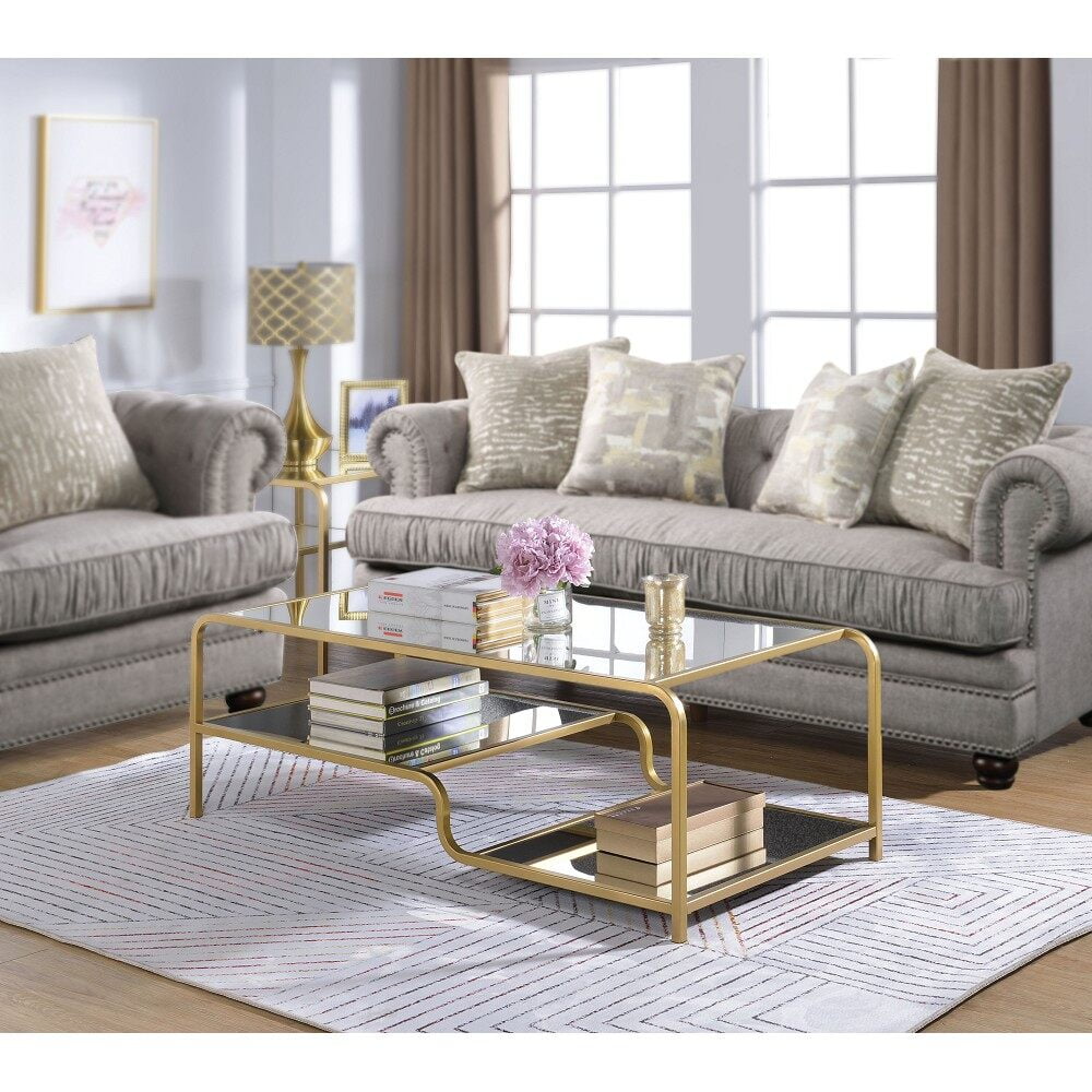 Gold and Mirrored Rectangular Coffee Table with Metal Frame