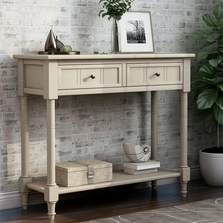 CoSoTower Console Table Traditional Design With Two Drawers And Bottom Shelf, Retro Grey