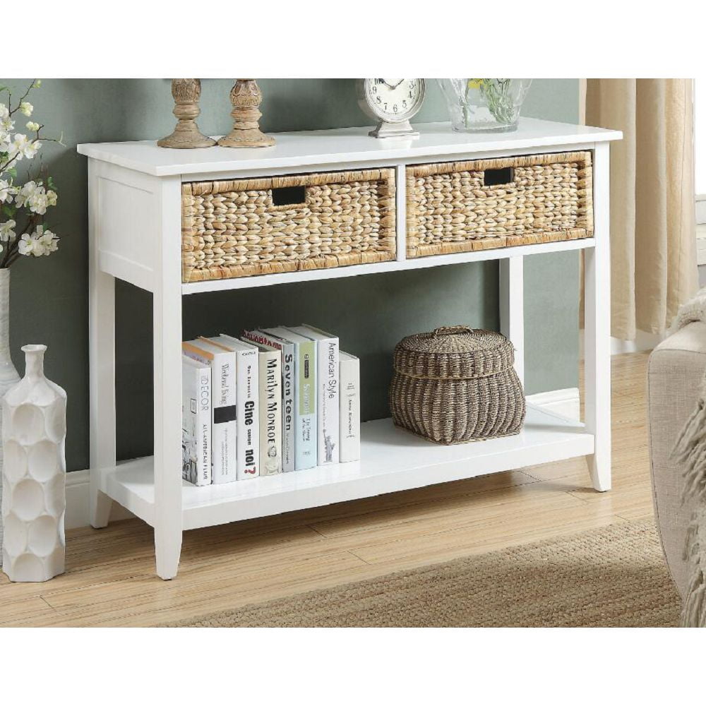 Flavius 44'' White Wood Console Table with Wicker Storage Drawers
