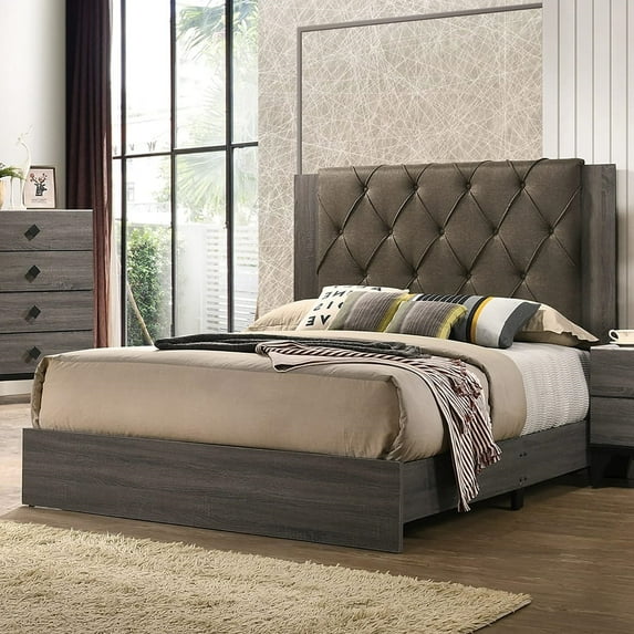 CoSoTower Contemporary 1pc Queen Size Bed Bedroom Furniture Tufted Design Headboard Rubberwood 1pc Bedframe Gray Finish