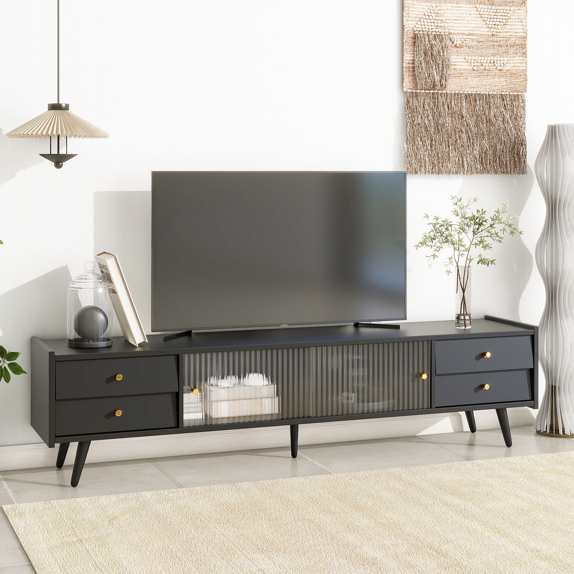 Slanted Console CoSoTower Contemporary TV Stand with Sliding Fluted Glass Doors ...