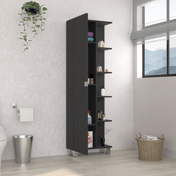 CoSoTower Corner Cabinet Womppi, Five Open Shelves, Single Door, Black Wengue Finish