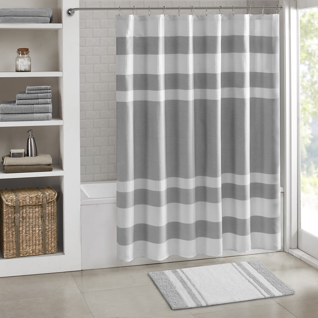 Gray and White Cotton Reversible Striped Bath Rug