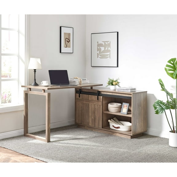 CoSoTower Desk L-Shaped Workstation Home Office Attached Storage Credenza Sliding Barn Door Finished on The Back Reversible Hazelnut