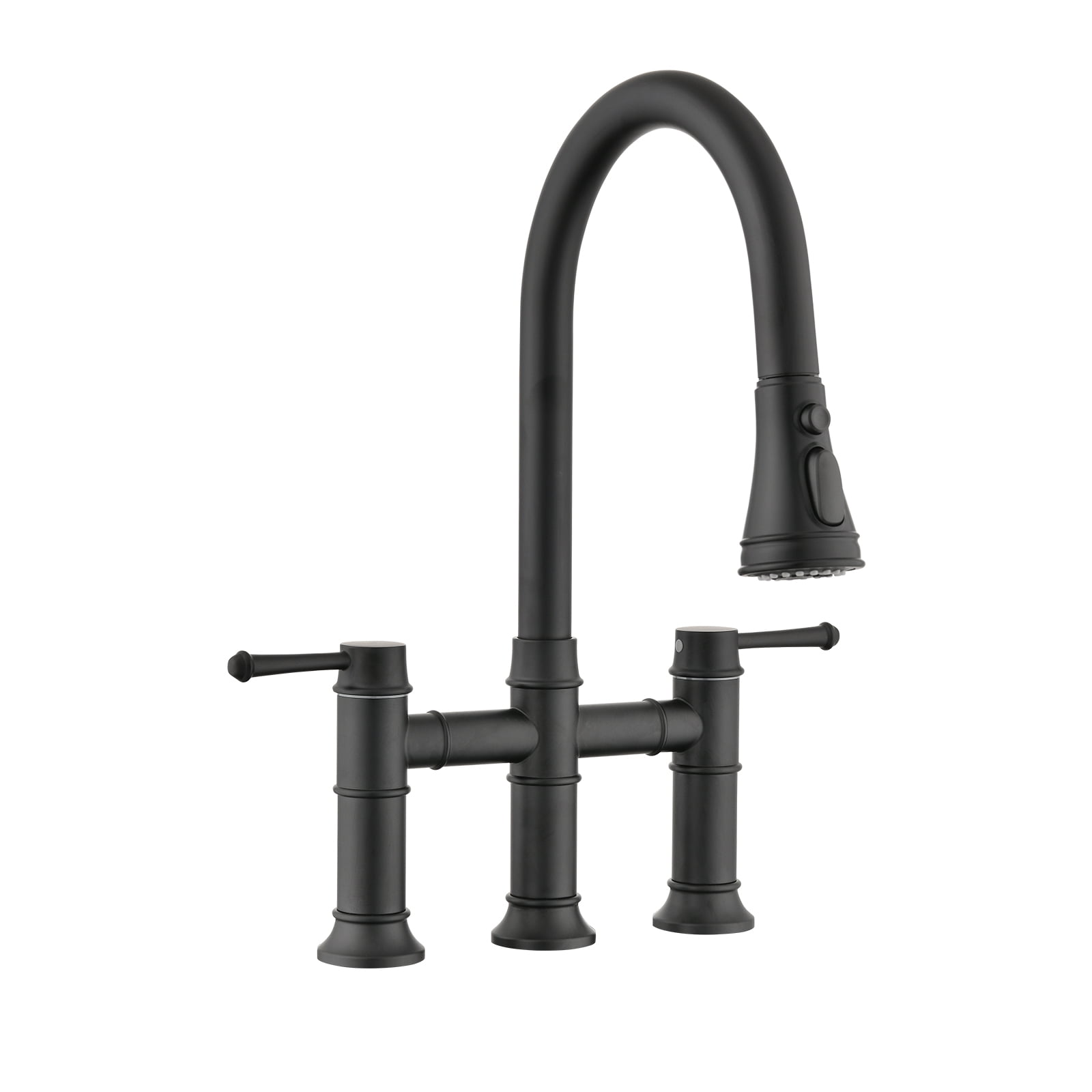 Matte Black Double Handle Bridge Kitchen Faucet with Pull-Down Spray
