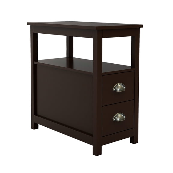 CoSoTower End Table Narrow Nightstand With Two Drawers And Open Shelf-Brown