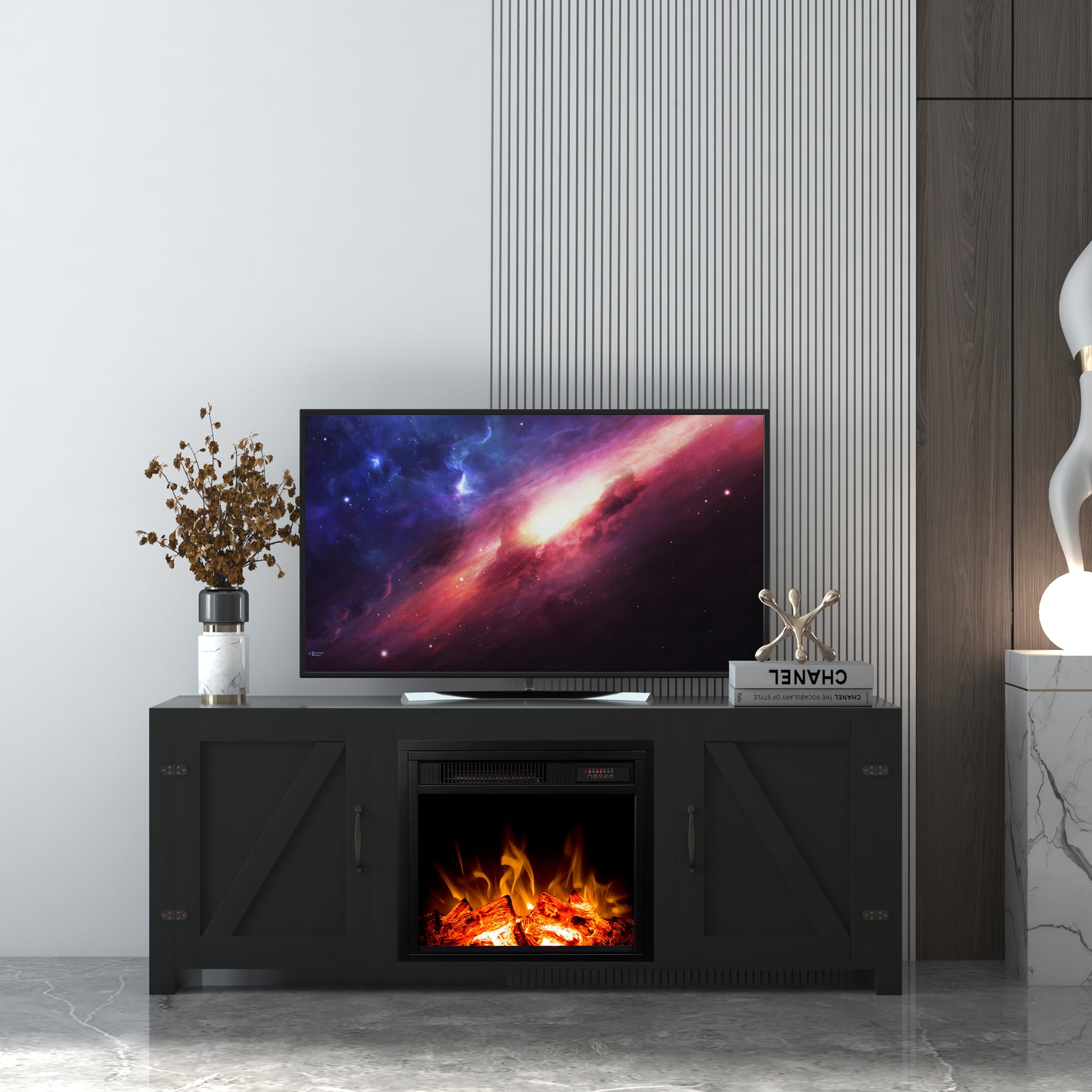 CoSoTower Farmhouse TV Stand, Fireplace TV Stand, Wood Entertainment