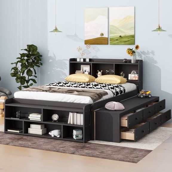 CoSoTower Full Bed with Bookcase Headboard, Under Bed Storage Drawers and Bed End Storage Case,Espresso
