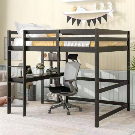 CoSoTower Full Loft Bed With Desk And Shelves,Espresso